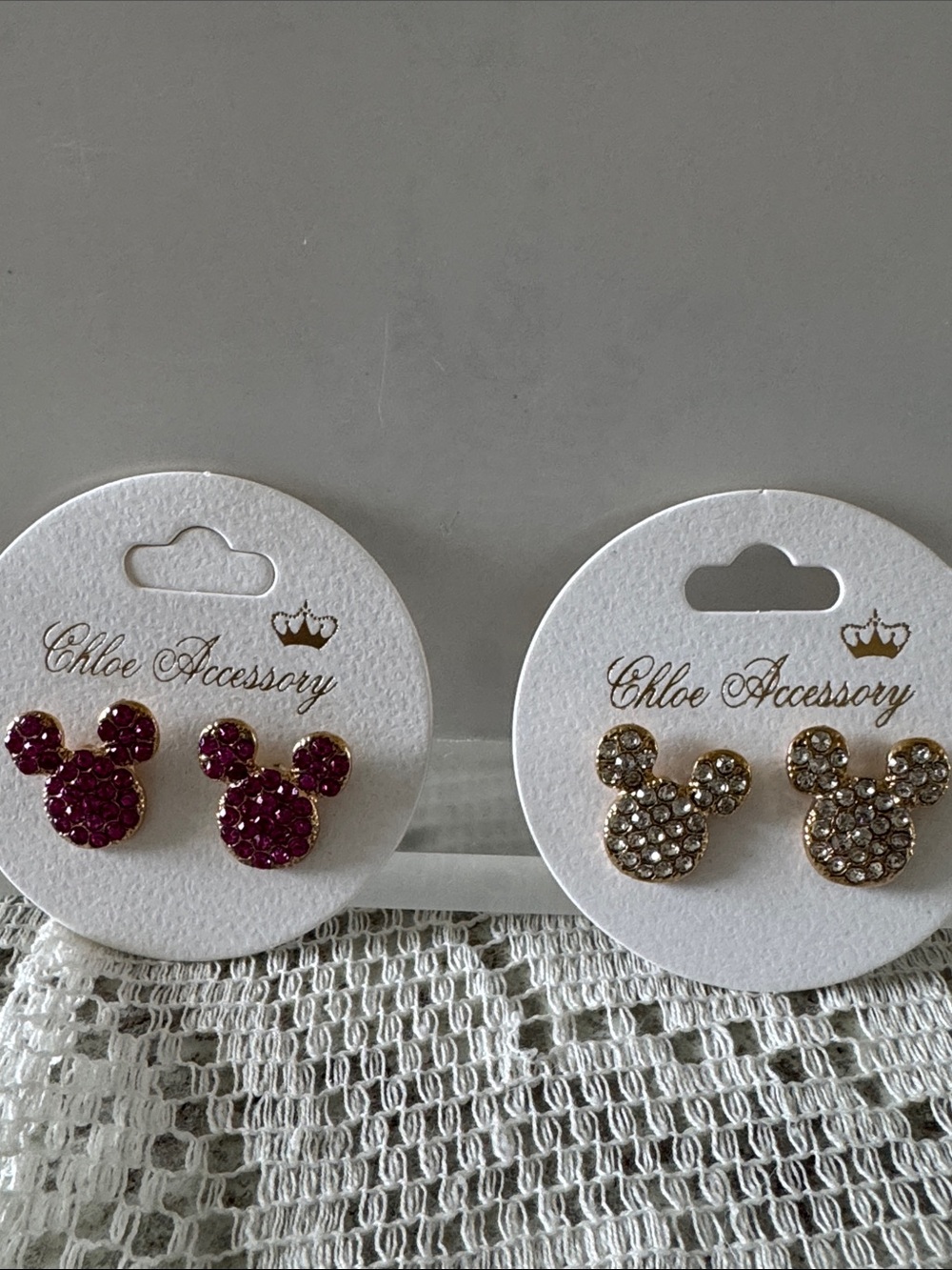Mickey Mouse rhinestone earrings two pairs one clear one fuchsia .75”x75”  NEW